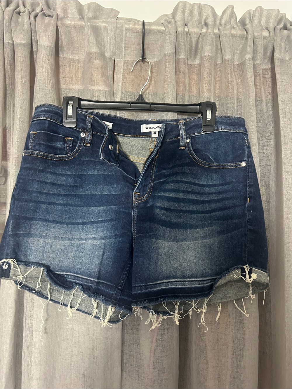Vigoss Dark Indigo Distressed Frayed Hem Denim Shorts